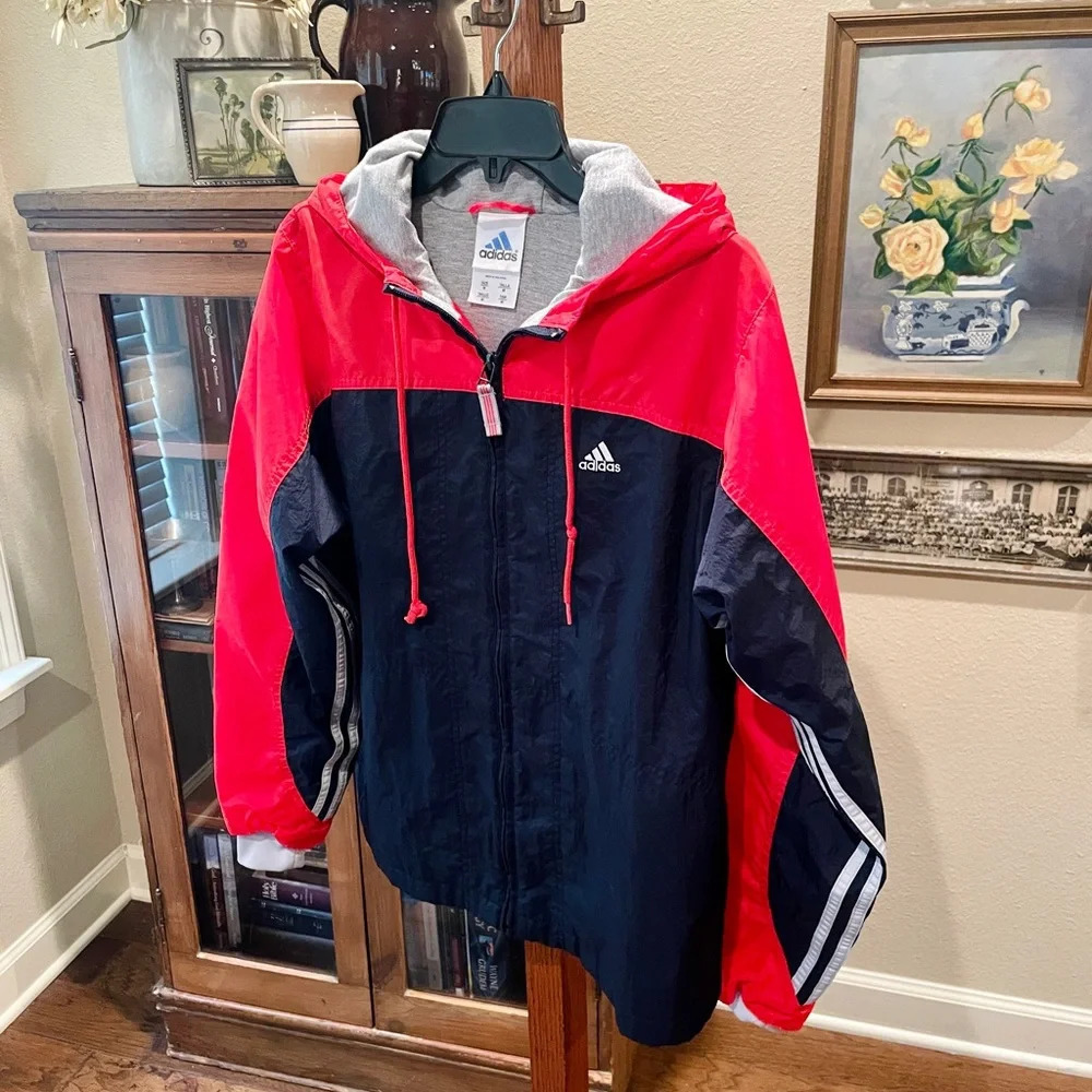 Adidas men’s full zip hooded lined windbreaker jacket w/ pockets SZ M navy red - Picture 3 of 12